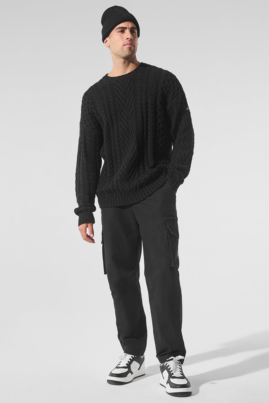 Cable Knit Crew Neck Sweater - Black Product Image