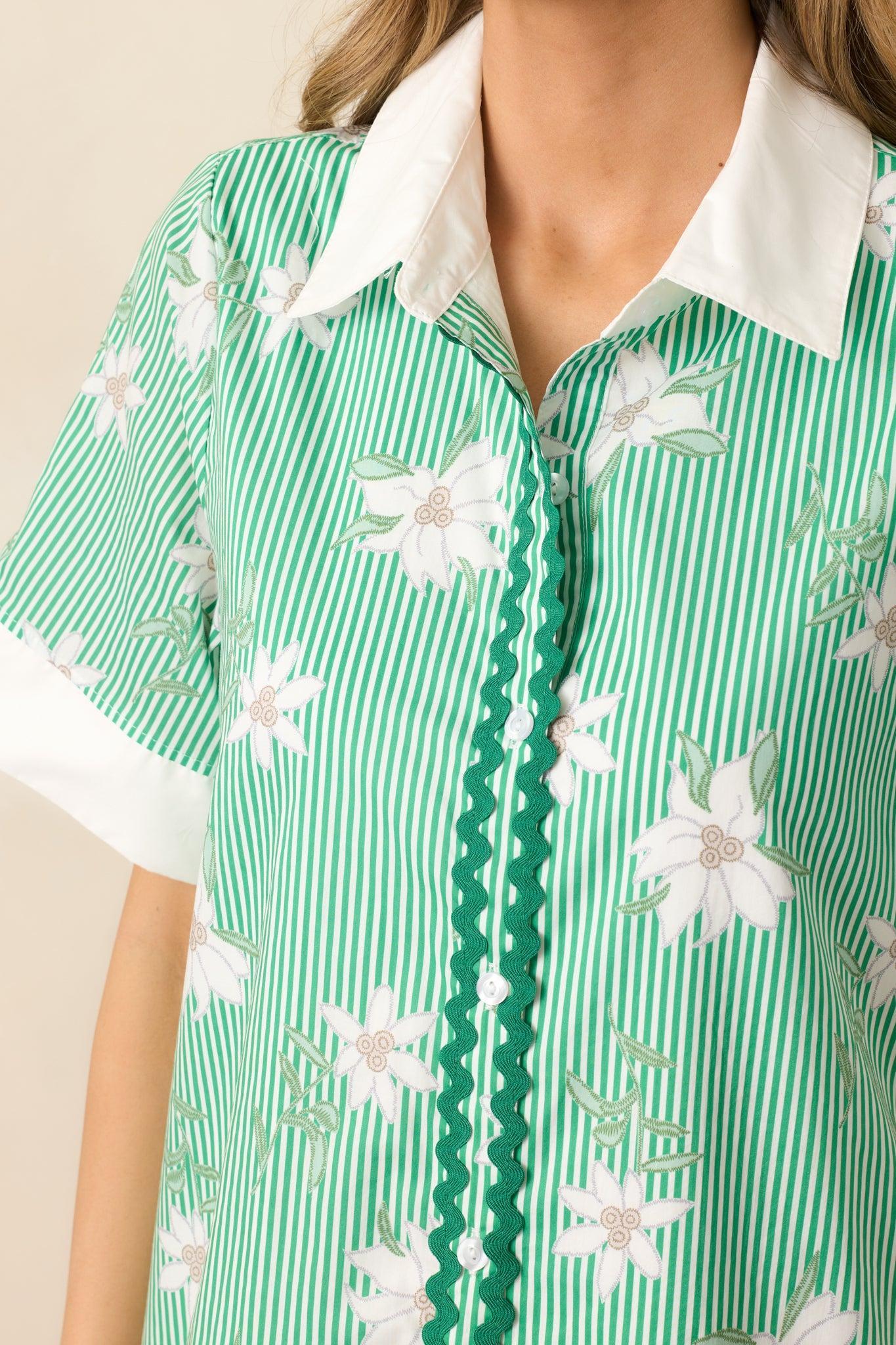 Lunch In The City Green Floral Cotton Mini Shirt Dress Product Image