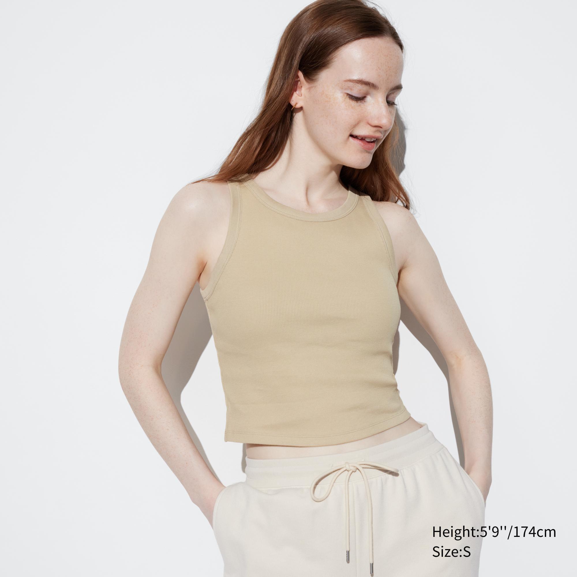 Womens Ribbed Cropped Bra Top Beige Large UNIQLO US Product Image