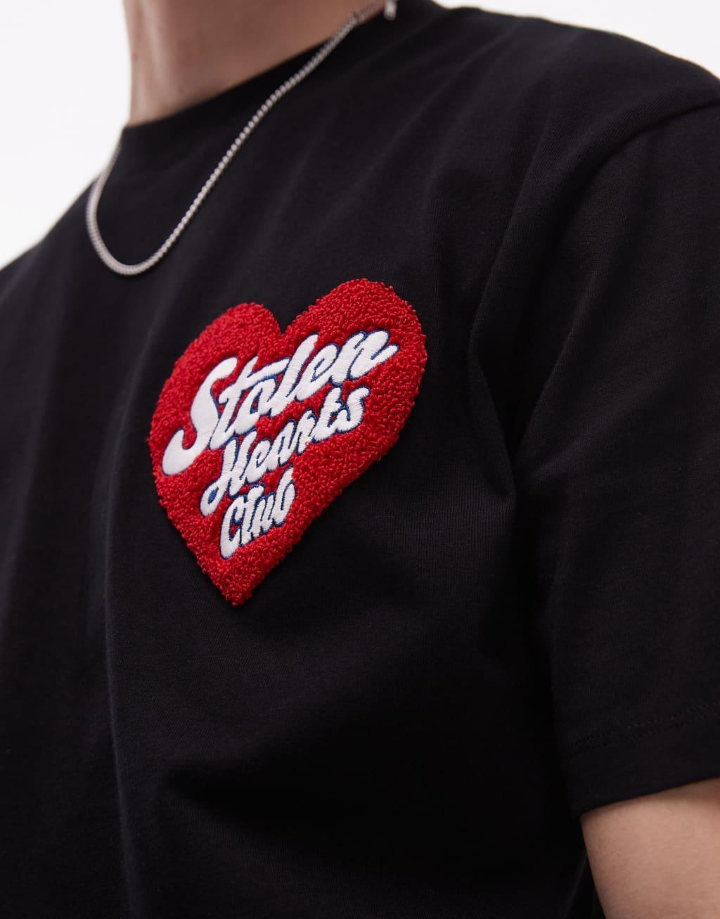 Topman oversized fit t-shirt with stolen hearts club patch embroidery in black Product Image