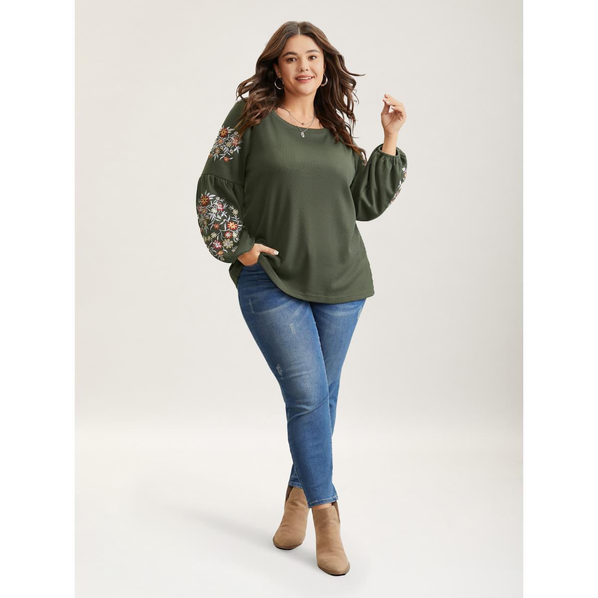 Plus Size Waffle Knit Floral Embroidered Lantern Sleeve T-shirt ArmyGreen Women Elegant Texture Floral Round Neck Everyday T-shirts BloomChic 14-16/1X Product Image