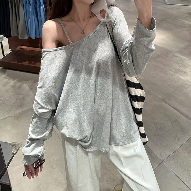 Long-Sleeve Boatneck Plain T-Shirt Product Image