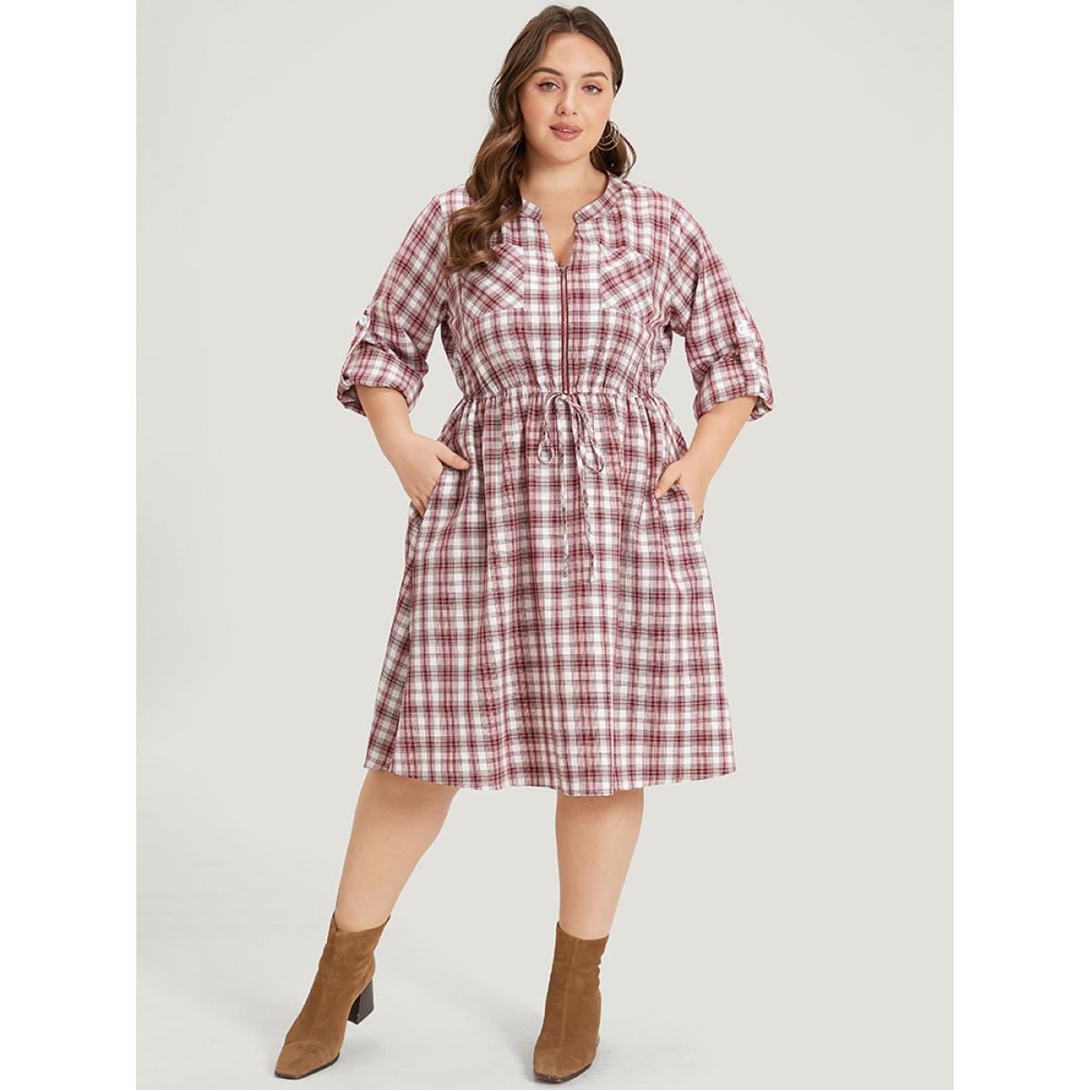 Plus Size Plaid Drawstring Zipper Notched Tab Sleeve Dress Raspberry Women Elegant Zipper Notched collar Long Sleeve Curvy Knee Dress BloomChic 10/M Product Image