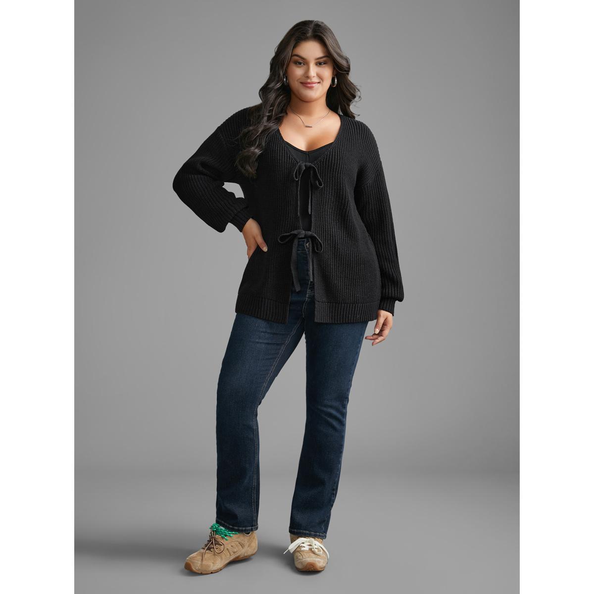 Plus Size Supersoft Essentials Solid Tie Knot Cardigan Black Women Casual Bodycon Long Sleeve Everyday Cardigans BloomChic 28/5X Product Image