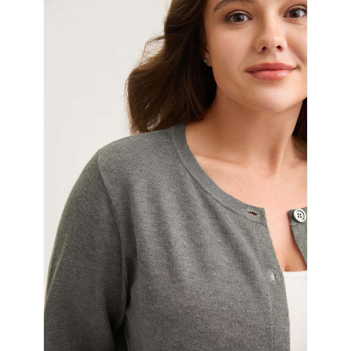 Plus Size Supersoft Button Round Neck Lightweight Cardigan DarkGray Women Loose Long Sleeve Everyday-Casual Cardigans BloomChic 28/5X Product Image