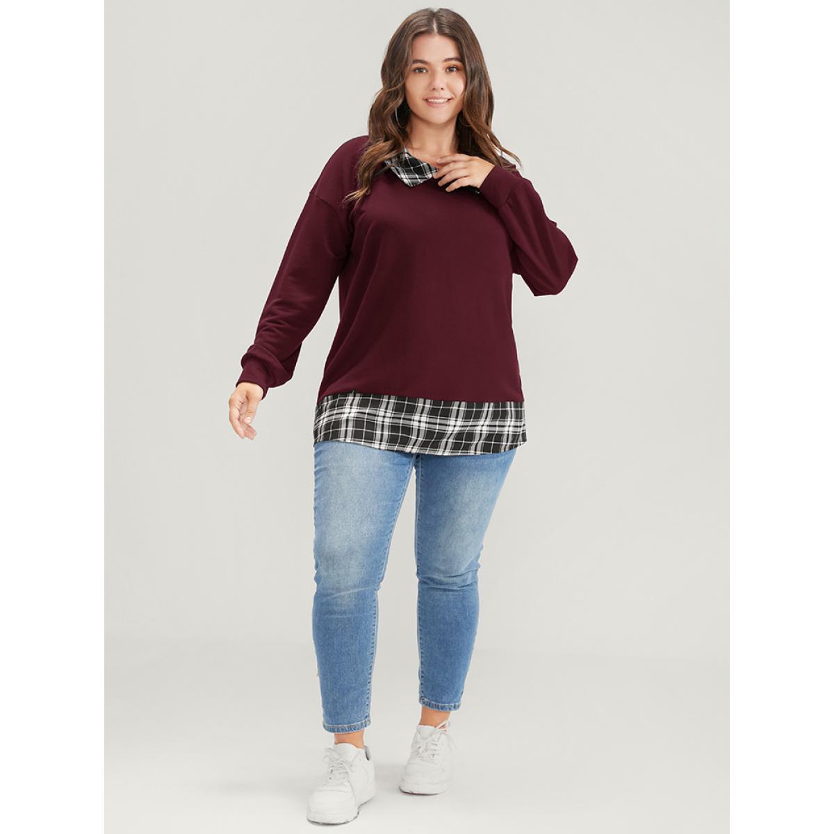 Plus Size Plaid Print Drop Shoulder 2-In-1 Sweatshirt Women Burgundy Casual Lapel Collar Dailywear Sweatshirts BloomChic 18-20/2X Product Image