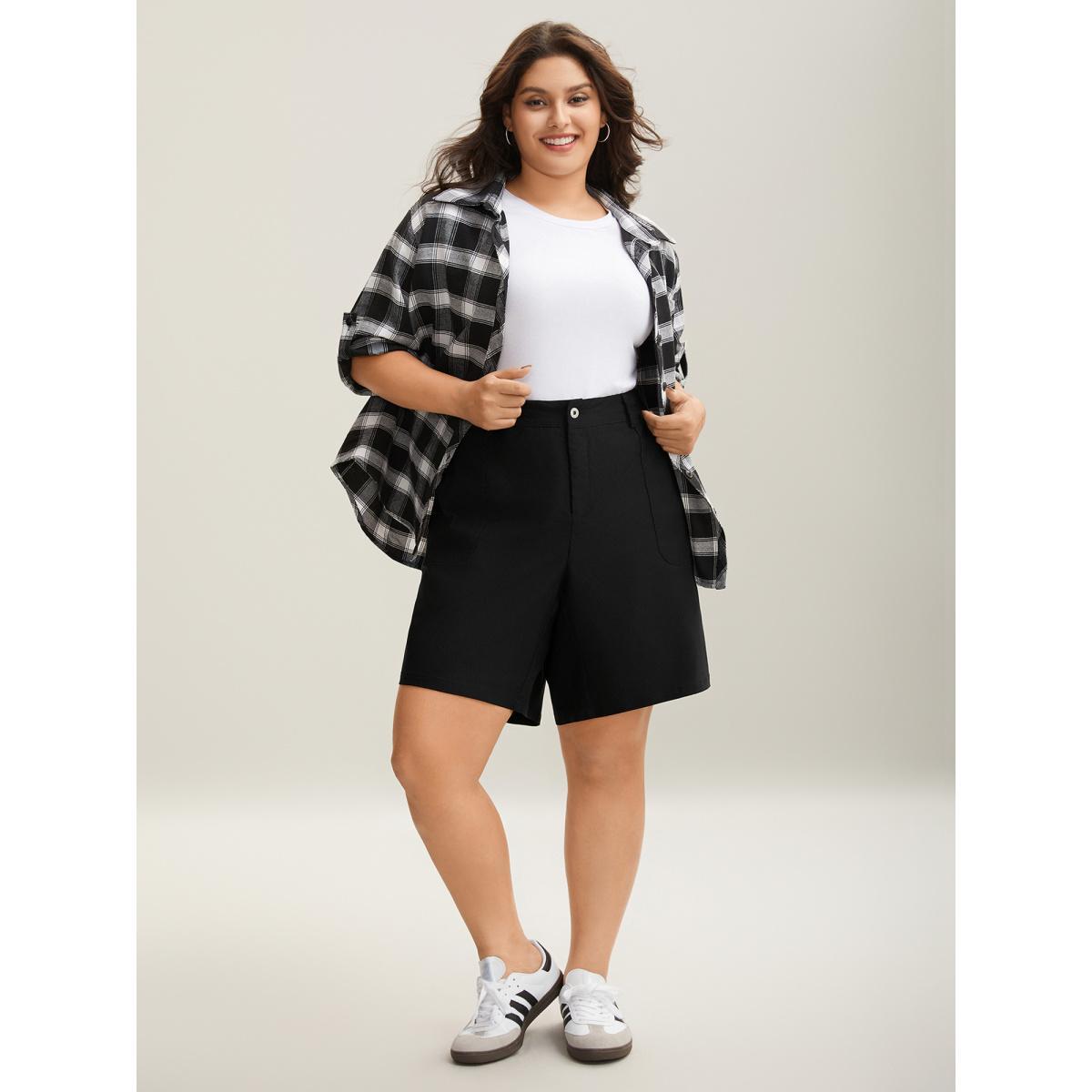 Plus Size Rubber Waist Zipper Pockets Shorts Women Black Casual Button Straight Leg Everyday Shorts BloomChic 30/6X Product Image