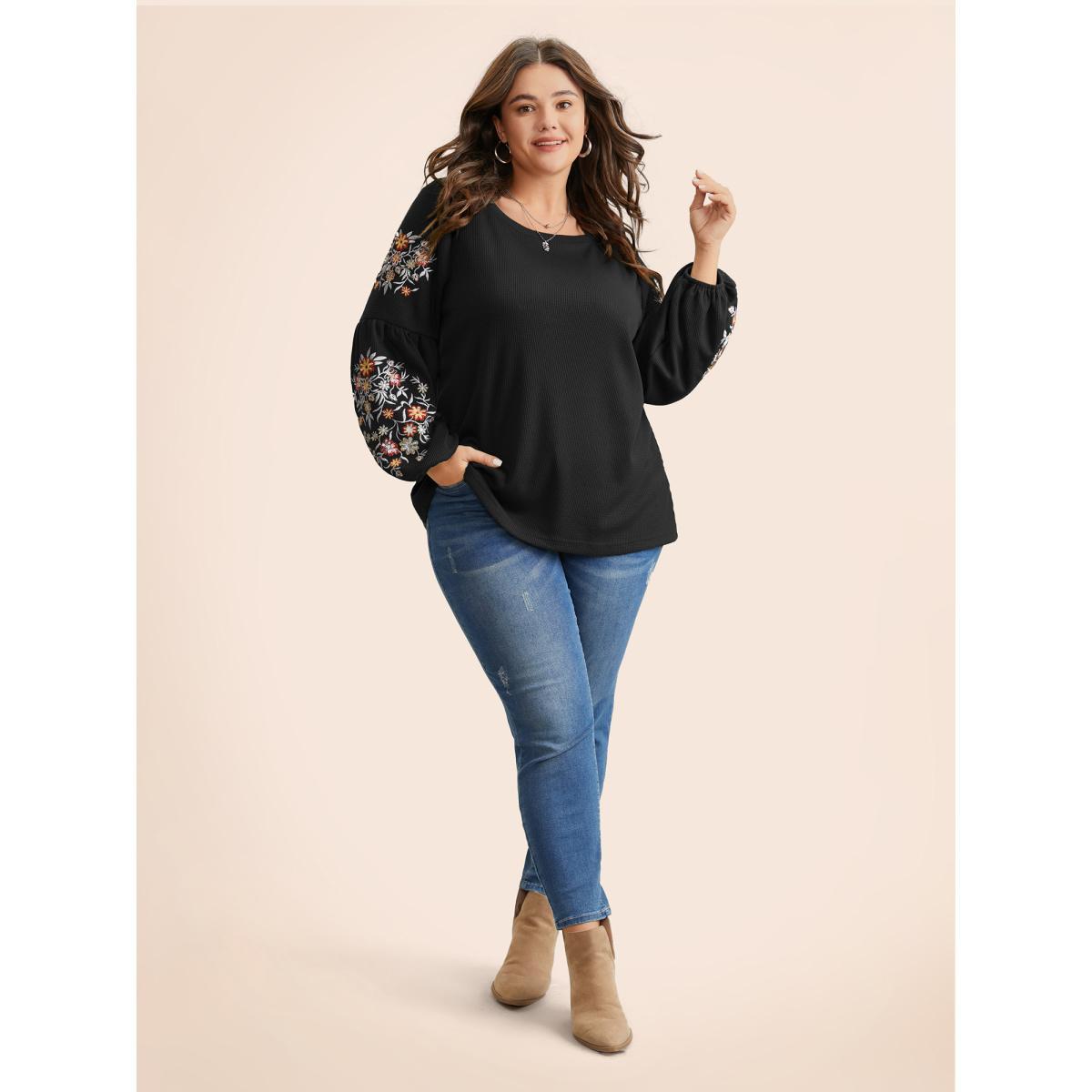 Plus Size Waffle Knit Floral Embroidered Lantern Sleeve T-shirt Black Women Elegant Texture Floral Round Neck Everyday T-shirts BloomChic 12/L Product Image