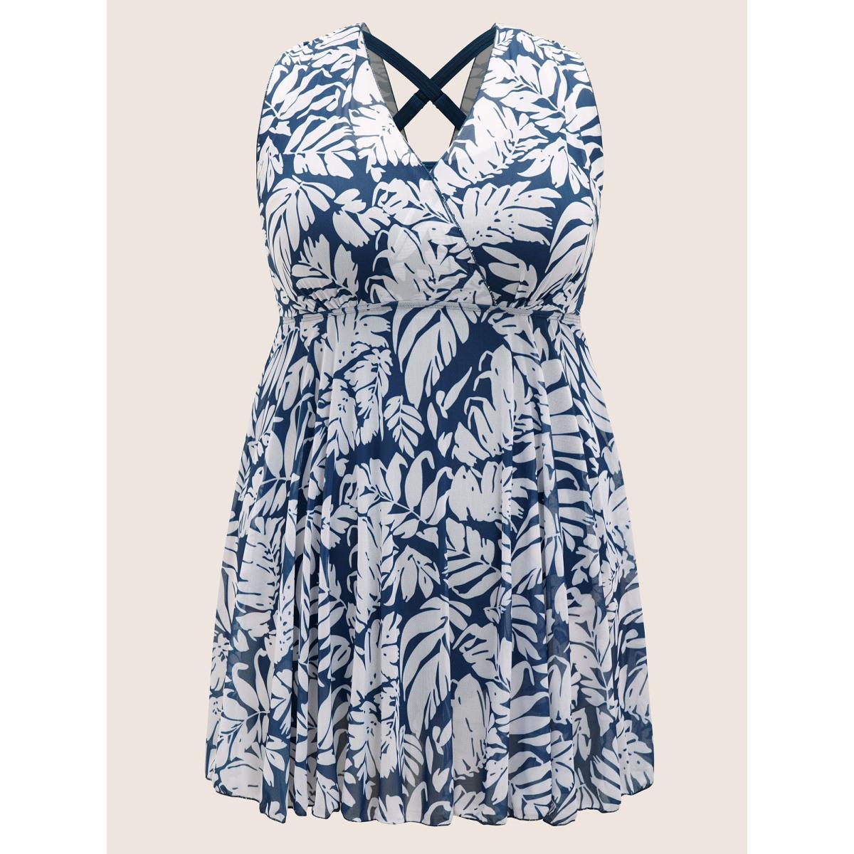 Plus Size Tropical Print V Neck Sleeveless Swim Dress Women's Swimwear Indigo Beach Bodycon V-neck High stretch Curve Swim Dresses BloomChic 26/4X Product Image