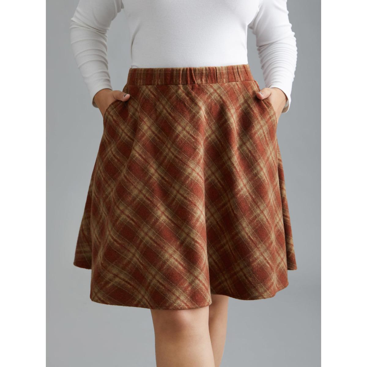 Plus Size Plaid Pattern Elastic Waist A-line Mini Skirt Women OrangeRed Elegant Low stretch Slanted pocket Everyday Skirts BloomChic 10/M Product Image