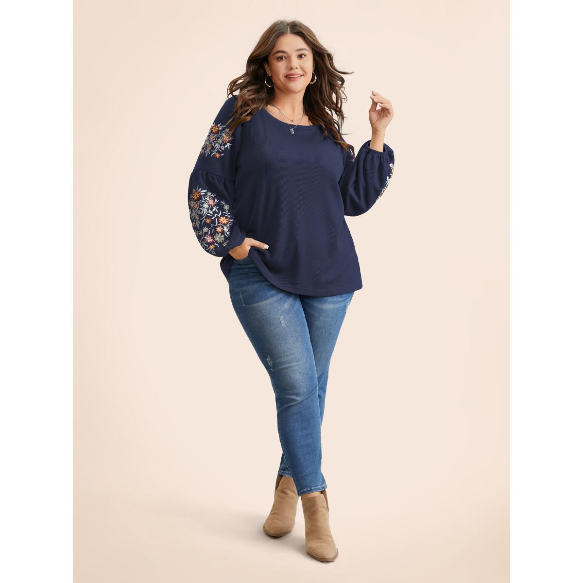 Plus Size Waffle Knit Floral Embroidered Lantern Sleeve T-shirt Indigo Women Elegant Texture Floral Round Neck Everyday T-shirts BloomChic 10/M Product Image