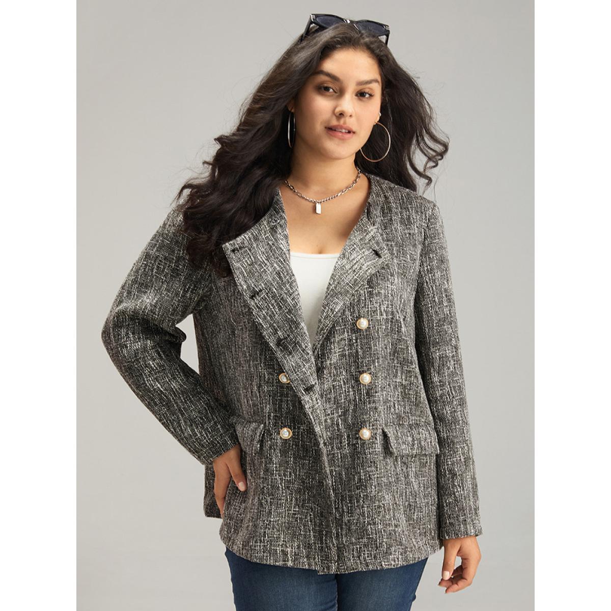 Plus Size Tweed Plisse Double Breasted Flap Pocket Coat Women Black Casual Texture Ladies Dailywear Winter Coats BloomChic 18-20/2X Product Image