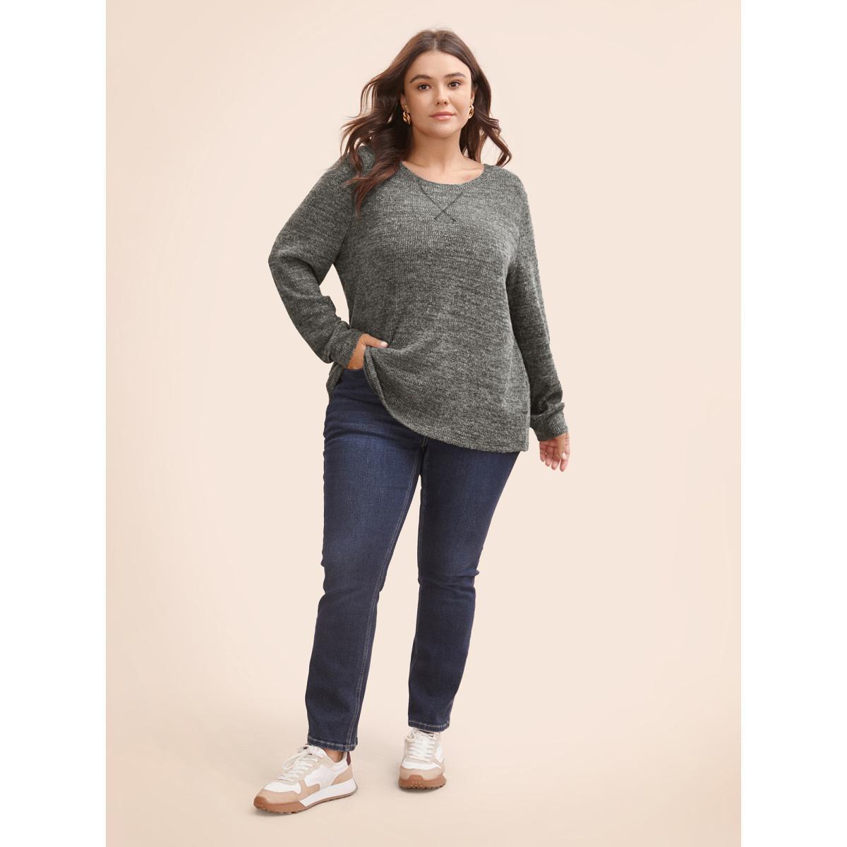 Plus Size Solid Heather Round Neck Stitch Sweatshirt Women DimGray Casual Topstitching Round Neck Everyday Sweatshirts BloomChic 12/L Product Image