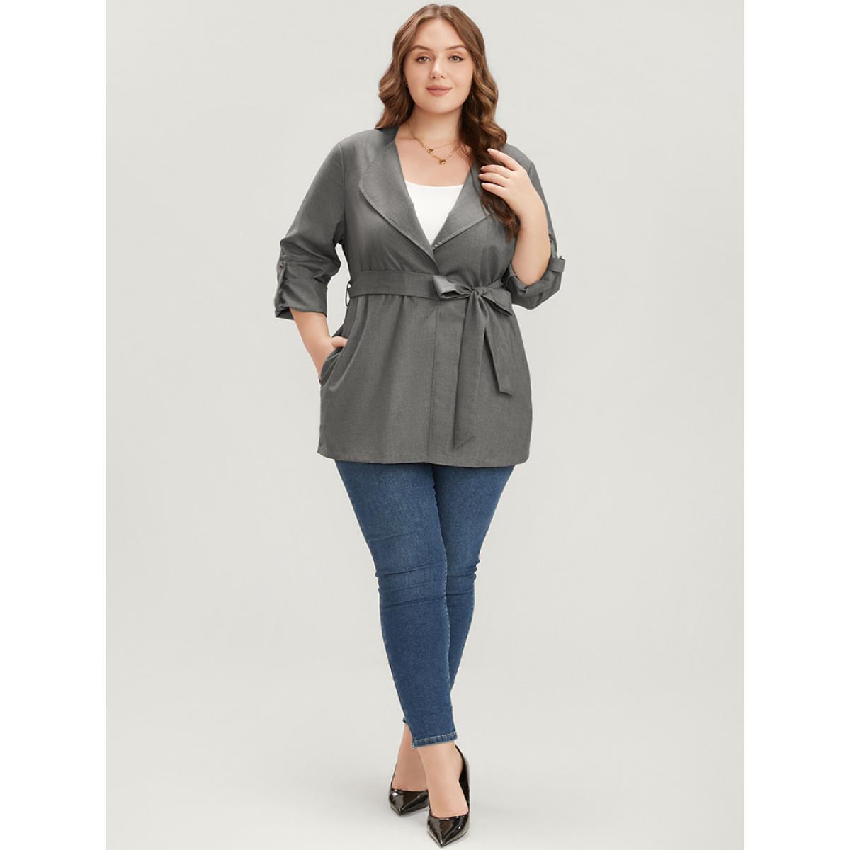 Plus Size Plain Lapel Collar Pocket Roll Sleeve Belted Coat Women Gray Office Pocket Ladies Dailywear Winter Coats BloomChic 22-24/3X Product Image