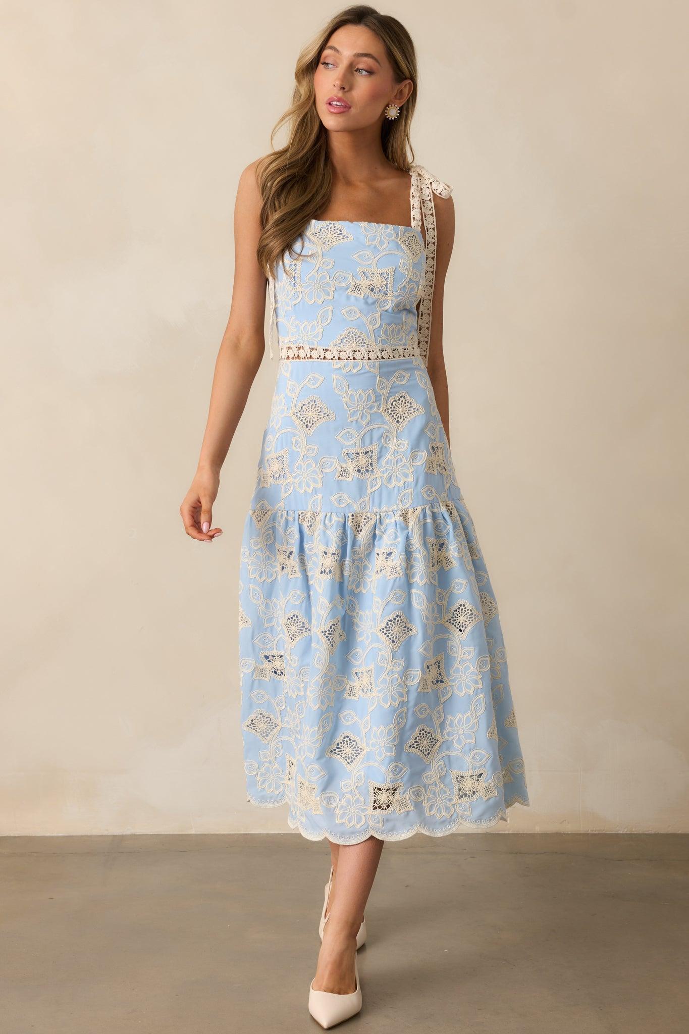 Rooftop Romance Sky Blue Floral Embroidered Midi Dress Product Image