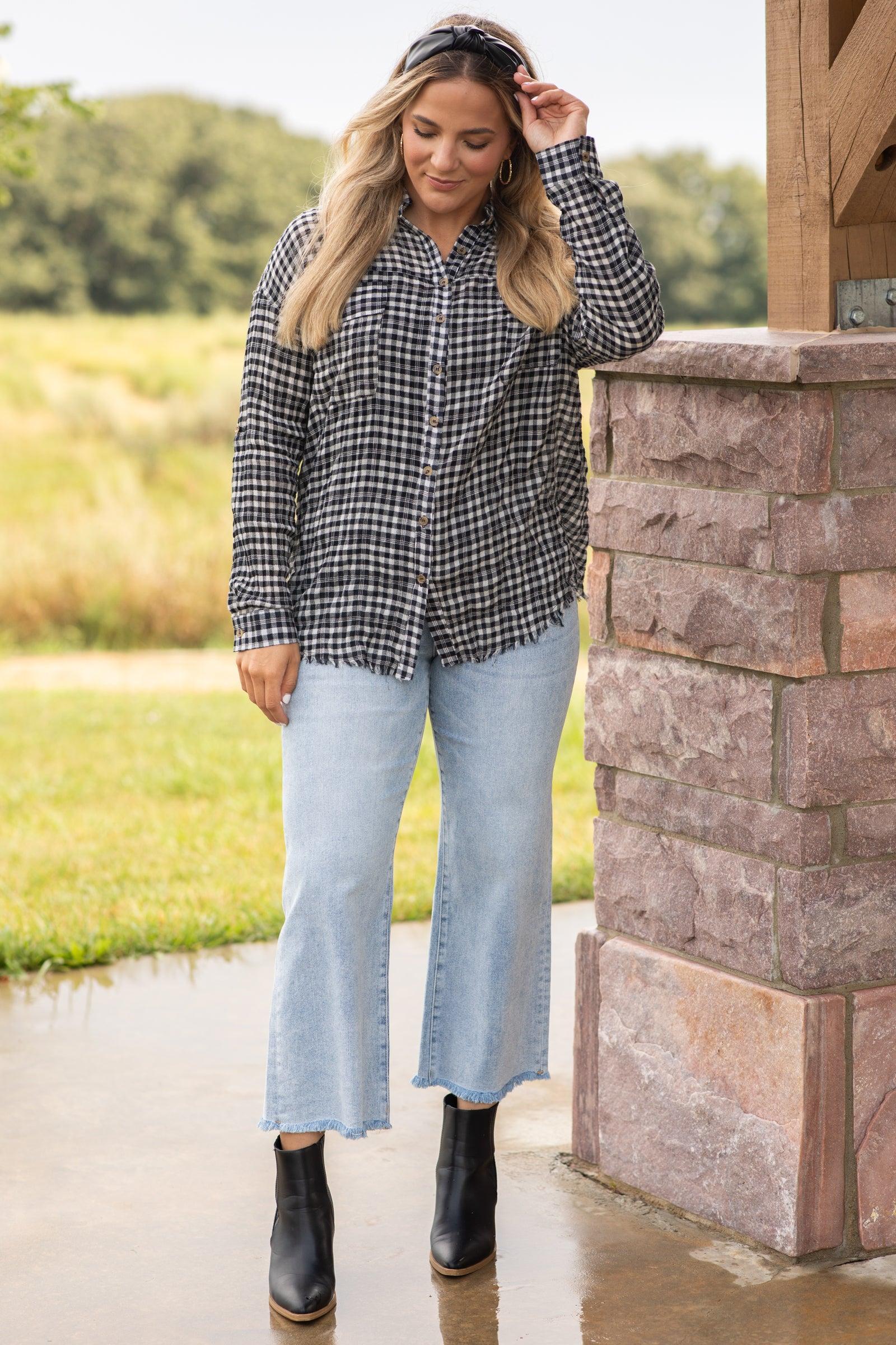 Black Collared Button-Up With Raw Hem Product Image