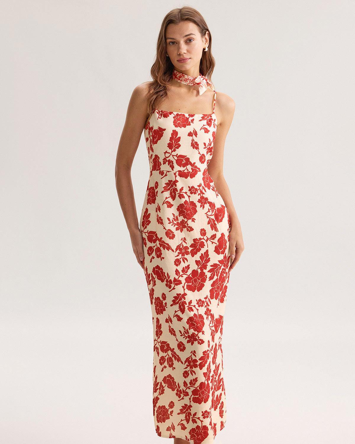 Red Floral Bodycon Slip Maxi Dress Product Image