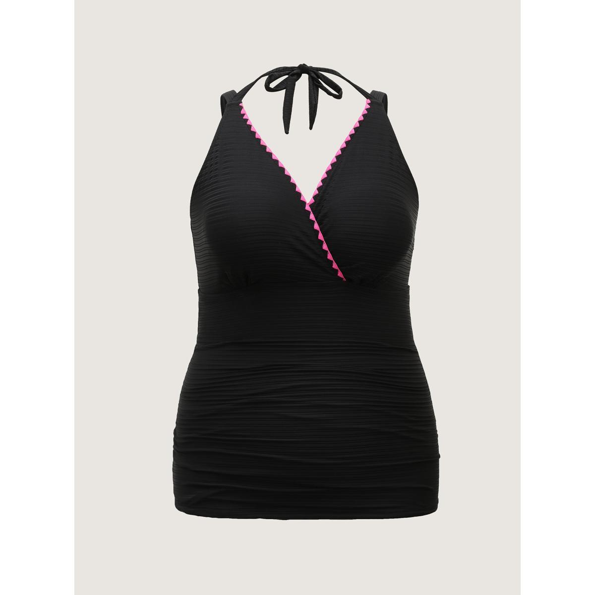Plus Size Lace Trim Shell Embroidery Swim Top Women's Swimwear Black Beach Tie knot High stretch Skinny Overlap Collar Curve Swim Tops BloomChic 26/4X Product Image