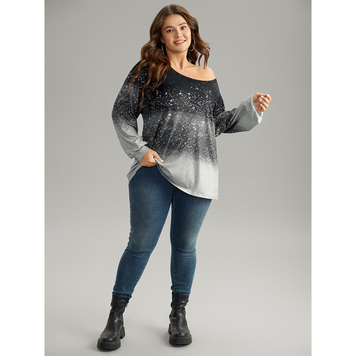 Plus Size Ombre Raglan Sleeve Contrast T-shirt BlackFlower Women Casual Elastic cuffs Colorblock Round Neck Everyday T-shirts BloomChic 30/6X Product Image