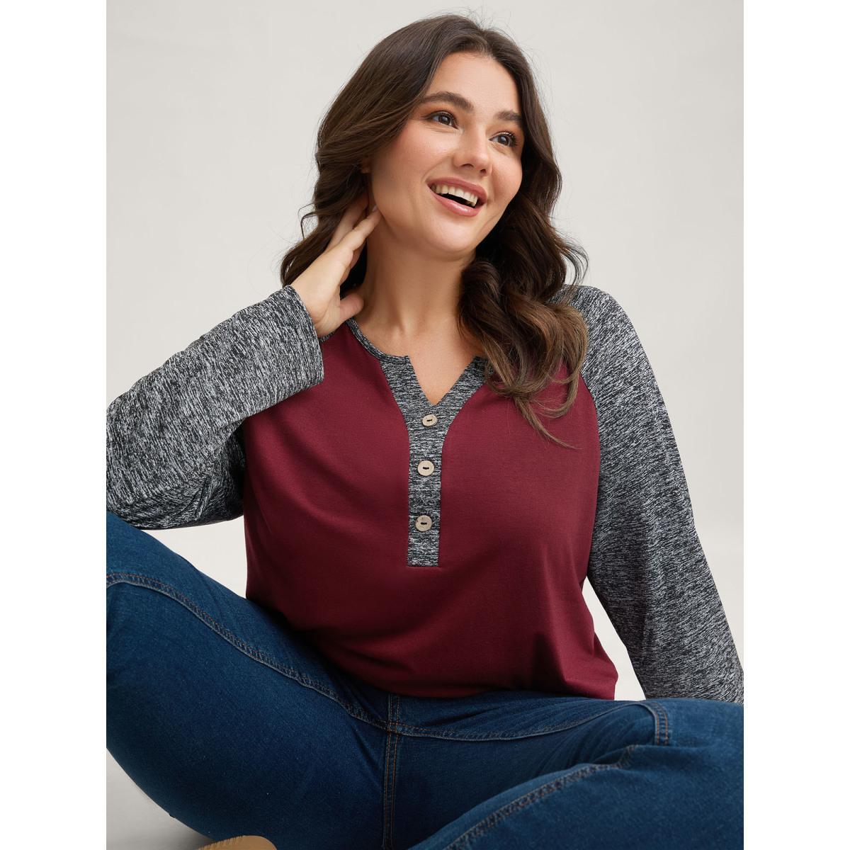 Plus Size Heather Patchwork Button Detail Stretchy T-Shirt Burgundy Women Casual Contrast Flat collar with V-notch Everyday T-shirts BloomChic 28/5X Product Image