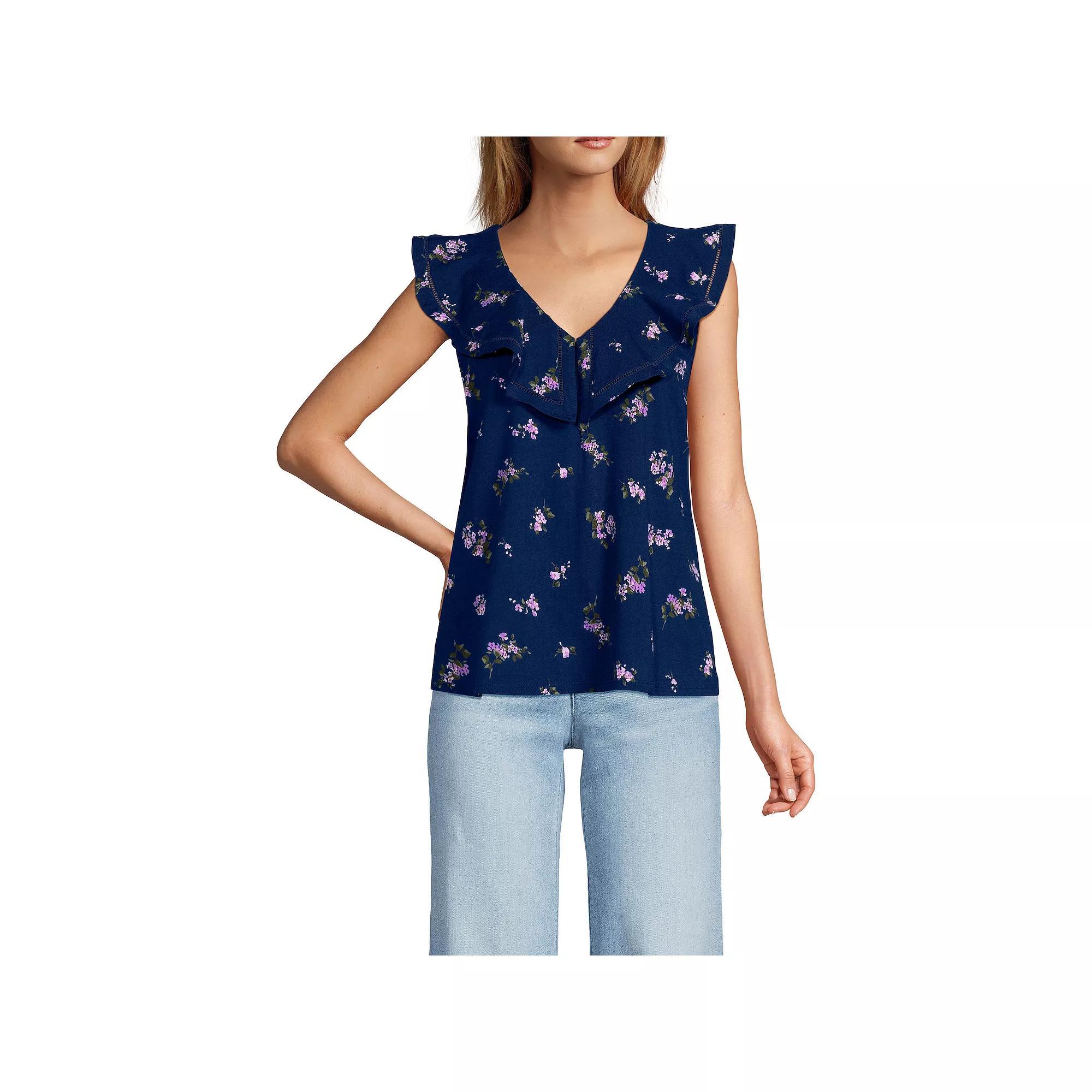 Women's Lands' End V-Neck Cascade Ruffle Top, Size: XL, Deep Blue Bouquet Product Image