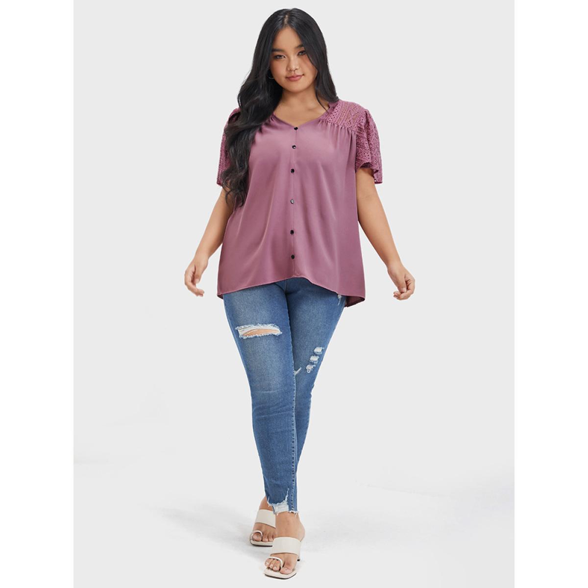 Plus Size DustyPink Plain Contrast Lace Ruffles Button V Neck Blouse Women Casual Short sleeve V-neck Dailywear Blouses BloomChic 18-20/2X Product Image