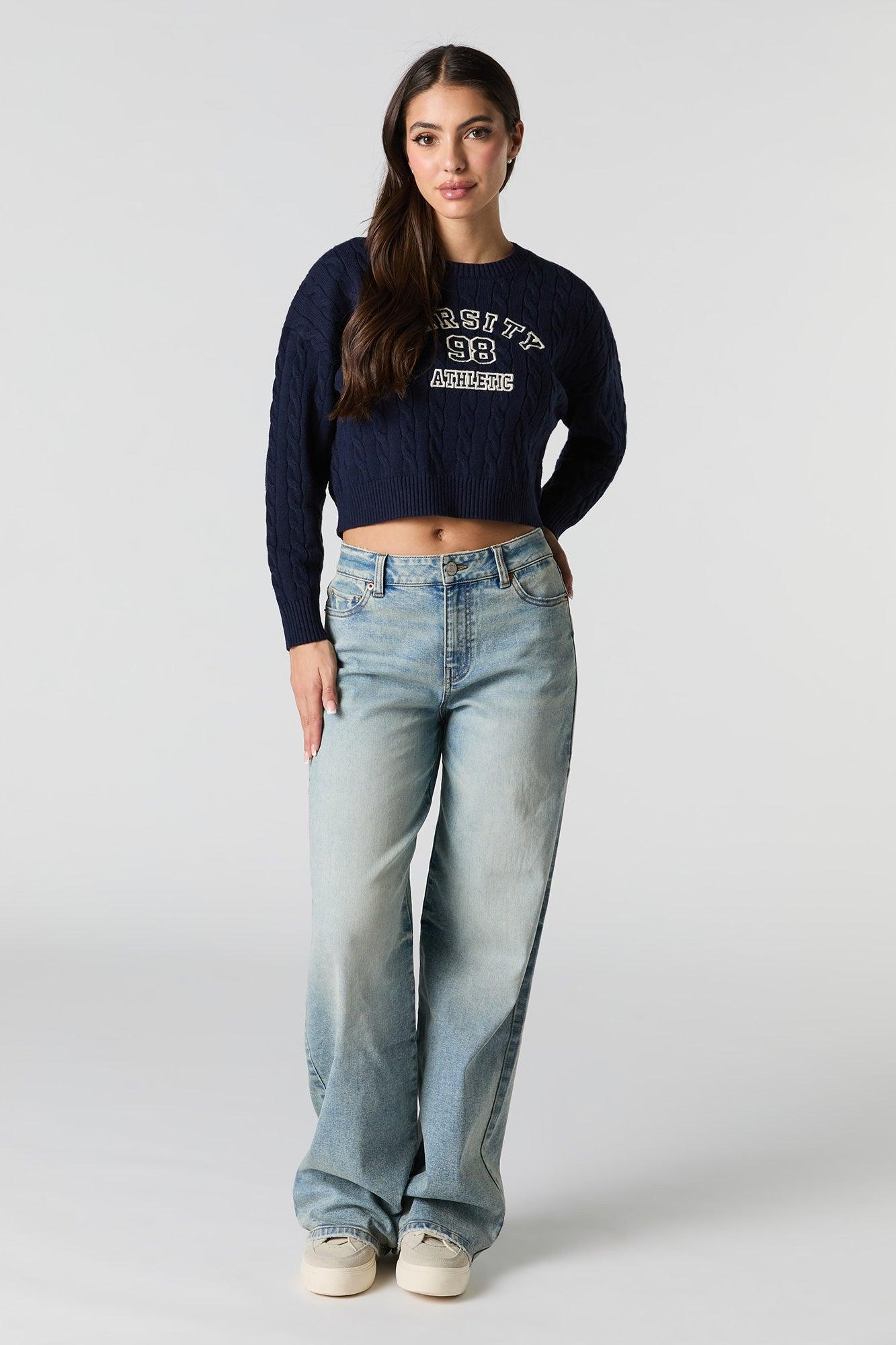 Embroidered Cable Knit Cropped Sweater Female Product Image