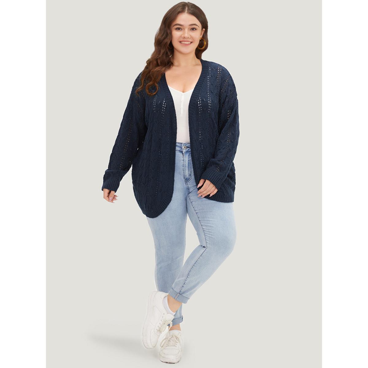 Plus Size Plain Eyelet Curved Hem Drop Shoulder Cardigan Indigo Women Casual Loose Long Sleeve Everyday Cardigans BloomChic 12/L Product Image