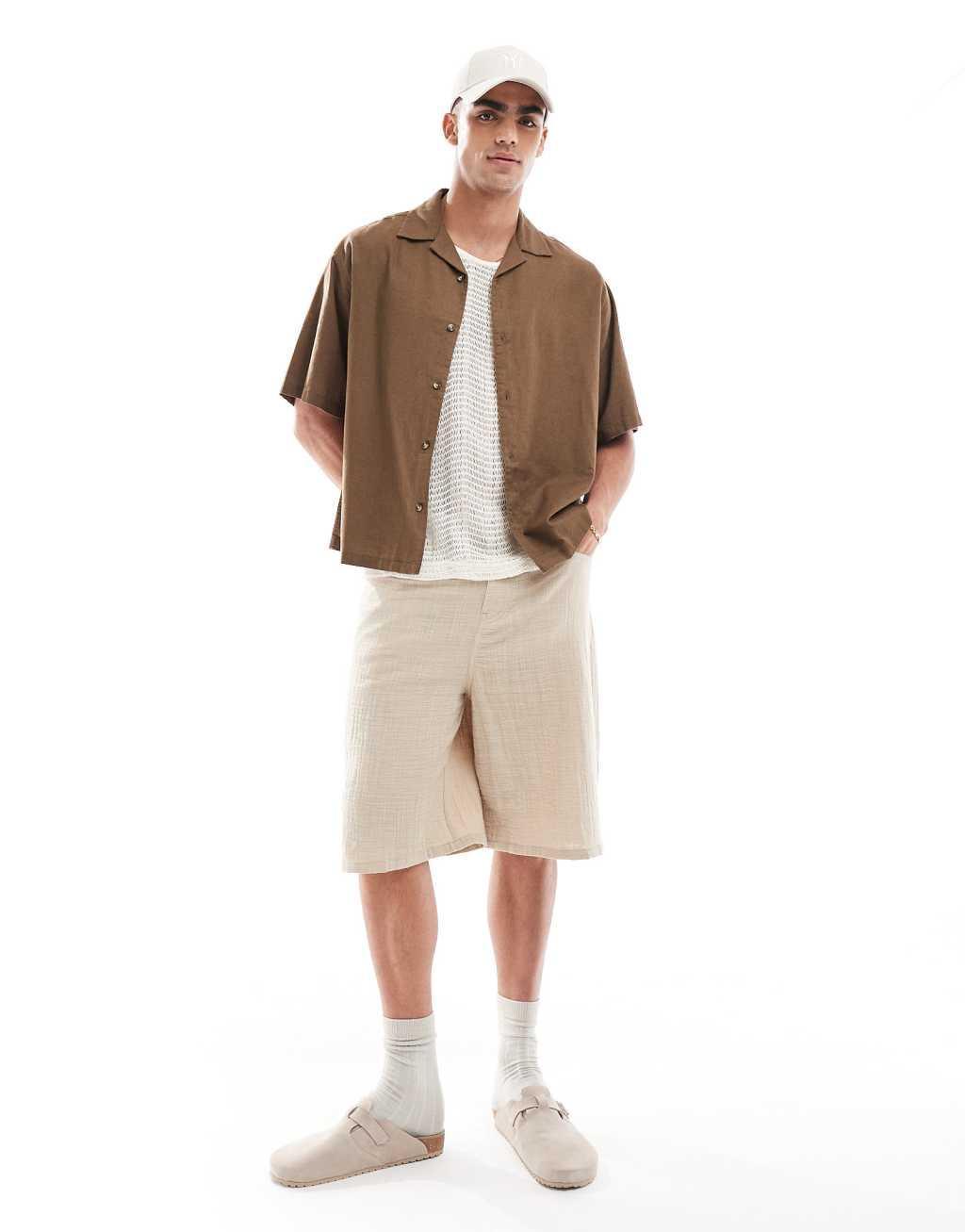 ASOS DESIGN boxy oversized linen blend shirt with camp collar in brown Product Image