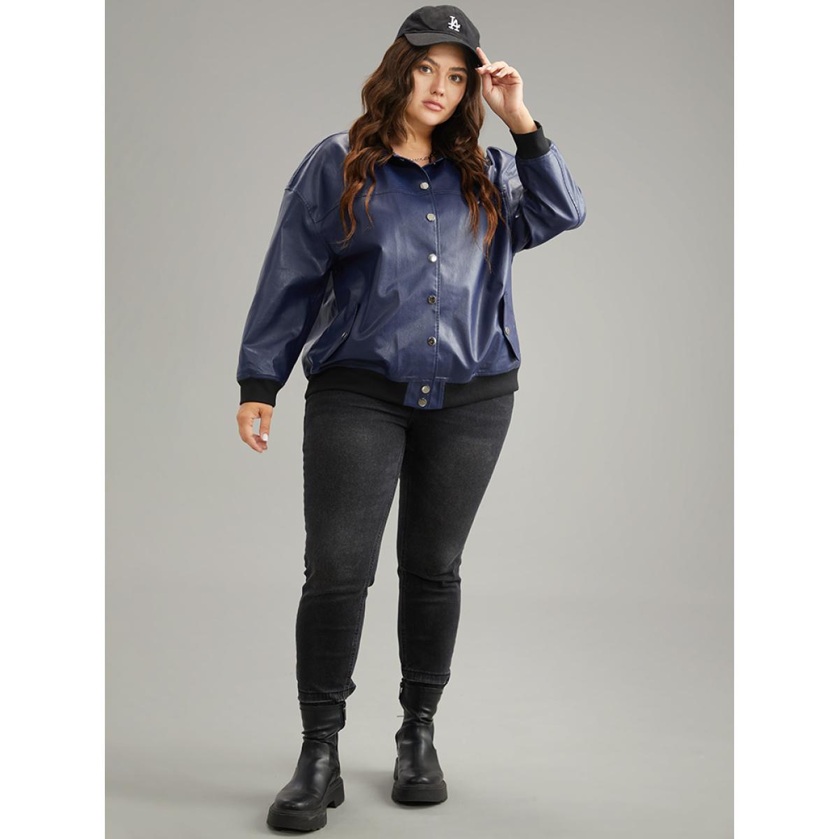 Plus Size PU Patchwork Pocket Button Through Jacket Women Indigo Elastic cuffs Dailywear Jackets BloomChic 12/L Product Image