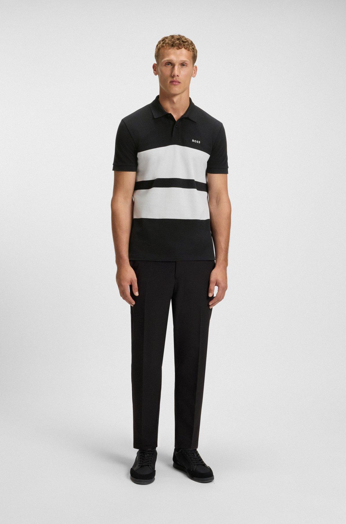 BOSS - Cotton-piqué polo shirt with block stripes - Black Product Image