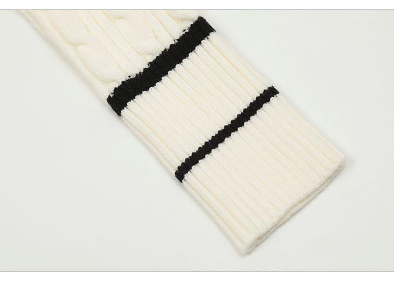 Long Sleeve Round Neck Striped Lettering Embroidered Cable Knit Mini A-Line Dress Product Image