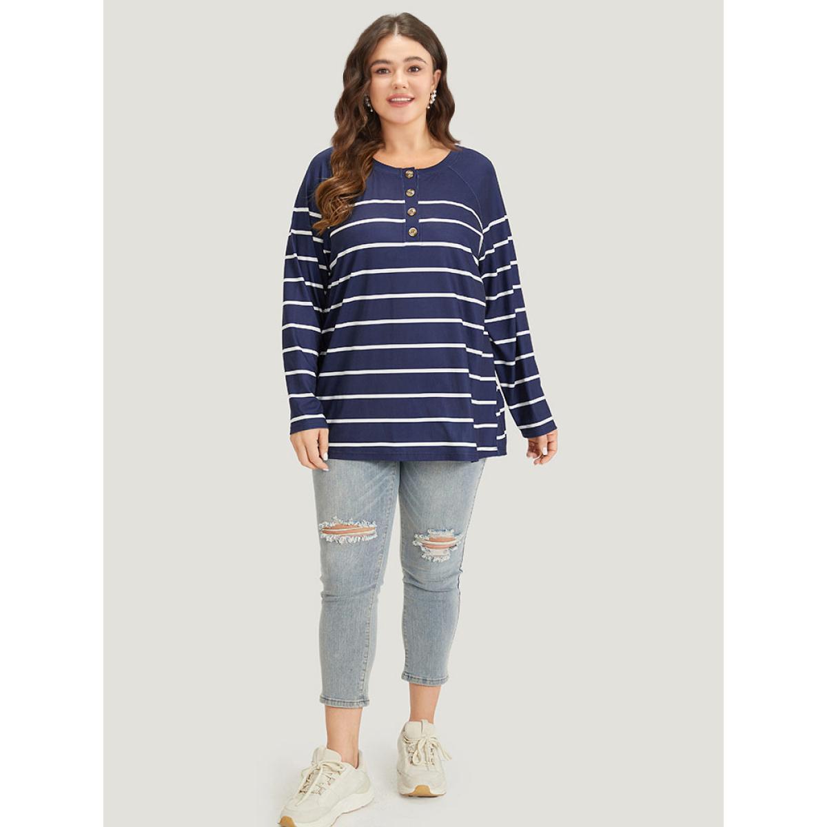 Plus Size Striped Button Up Crew Neck Raglan Sleeve T-shirt Blue Women Casual Button Striped Open Front Dailywear T-shirts BloomChic 26/4X Product Image