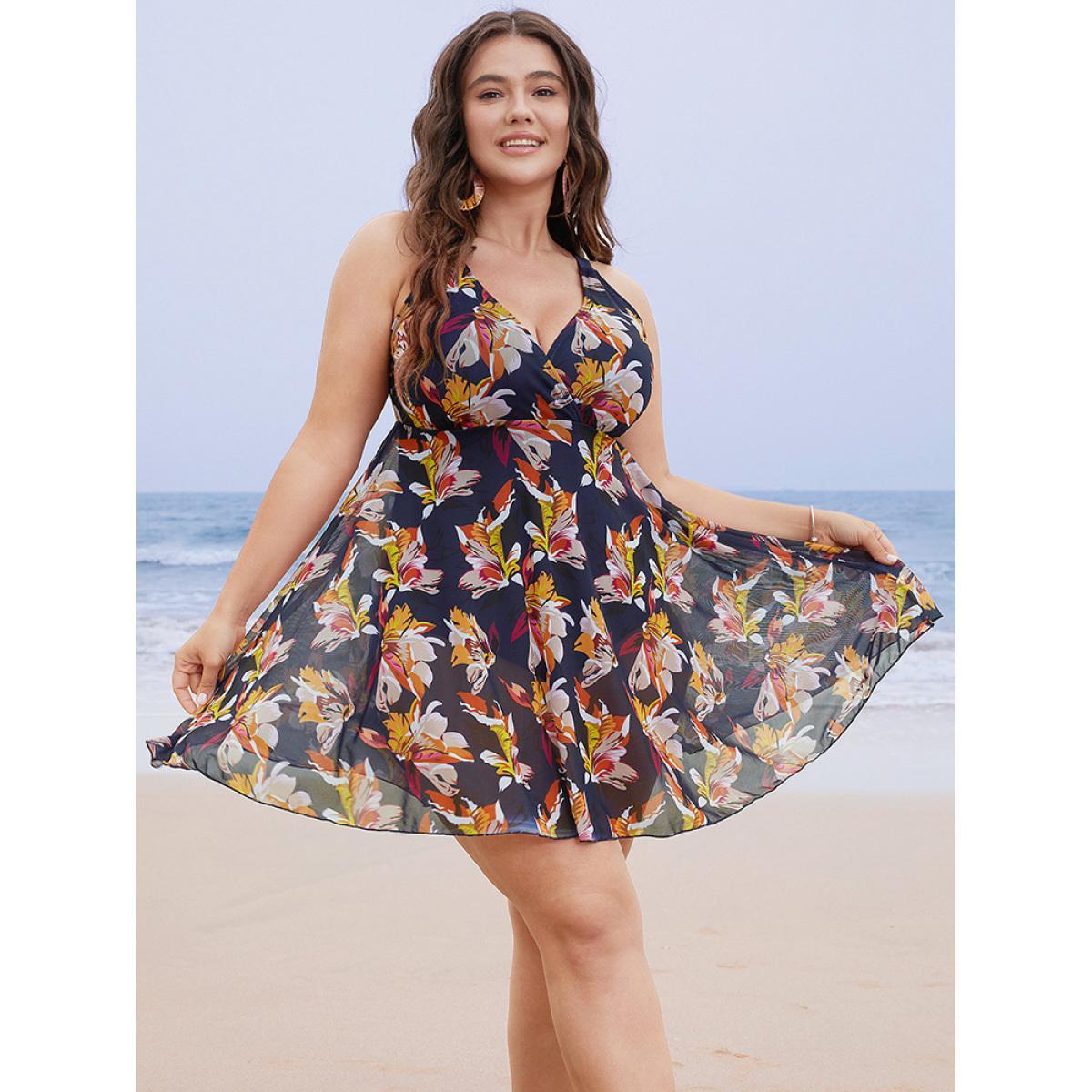 Plus Size Floral Mesh Surplice Neck Ruffles Swim Dress Women's Swimwear Indigo Vacation Bodycon V-neck High stretch Curve Swim Dresses BloomChic 12/L Product Image