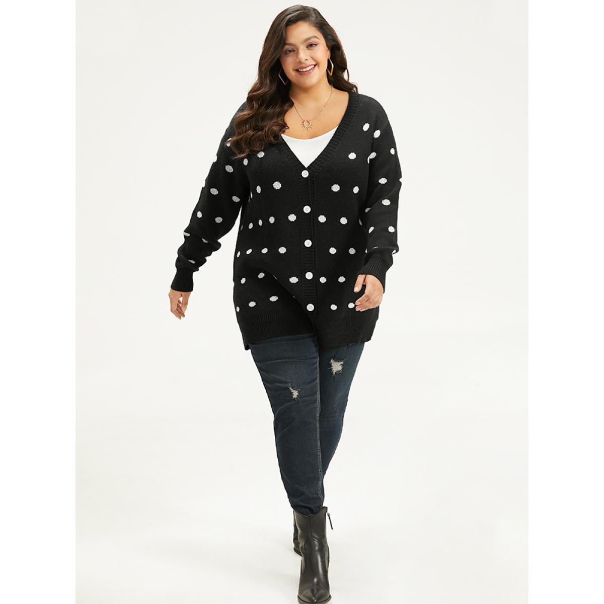 Plus Size Supersoft Essentials Polka Dot Split Side Cardigan Black Women Casual Loose Long Sleeve Dailywear Cardigans BloomChic 28/5X Product Image