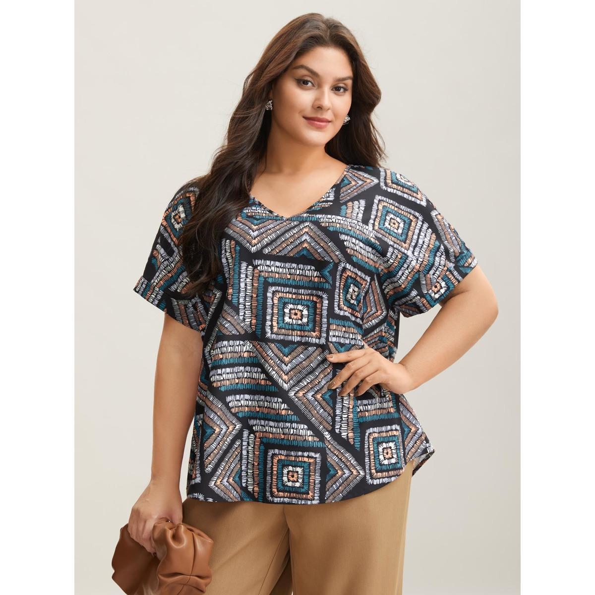 Plus Size Multicolor Geometric Print V-Neck Relaxed Fit Blouse Women At the Office Short sleeve V-neck Work Blouses BloomChic 12/L Product Image