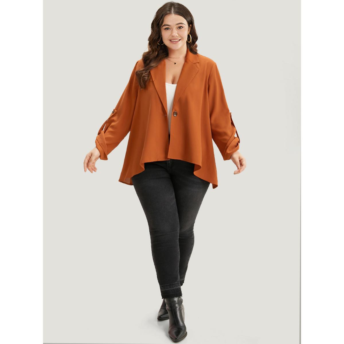 Plus Size Plain Button Up Tab Sleeve High Low Hem Blazer Chocolate Women Work Plain Drape Sleeve Long Sleeve Lapel Collar 28/5X At the Office Blazers BloomChic Product Image