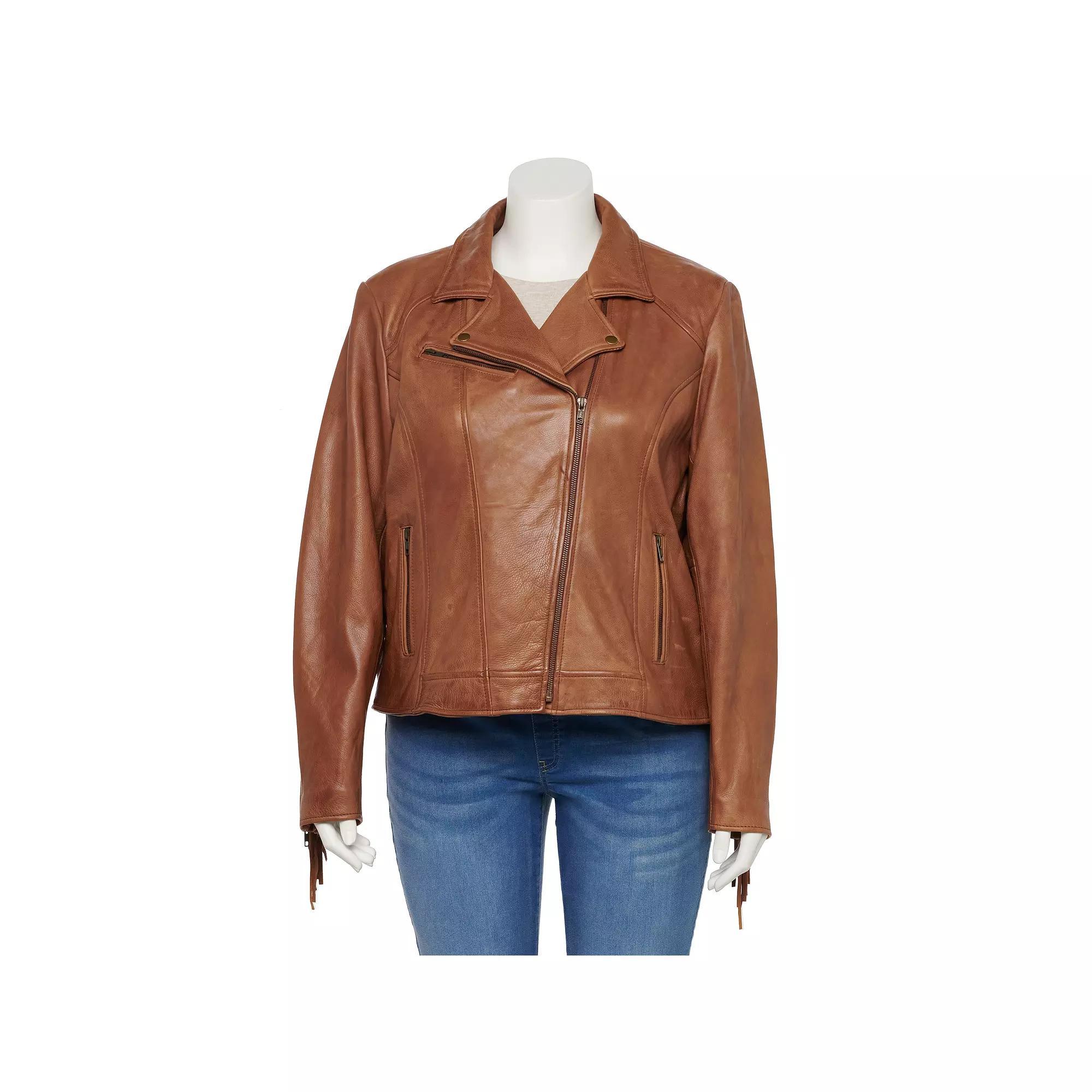 Plus Size Whet Blu Daisy Fringe Asymmetrical Leather Jacket, Womens Product Image
