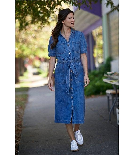 Code Bleu Stretch Denim Spread Collar Short Sleeve Shirt Midi Dress Product Image