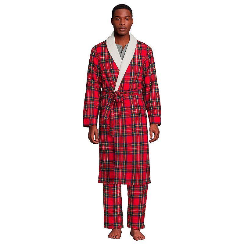 Mens Lands End Sherpa-Lined Flannel Robe Deep Blue Product Image