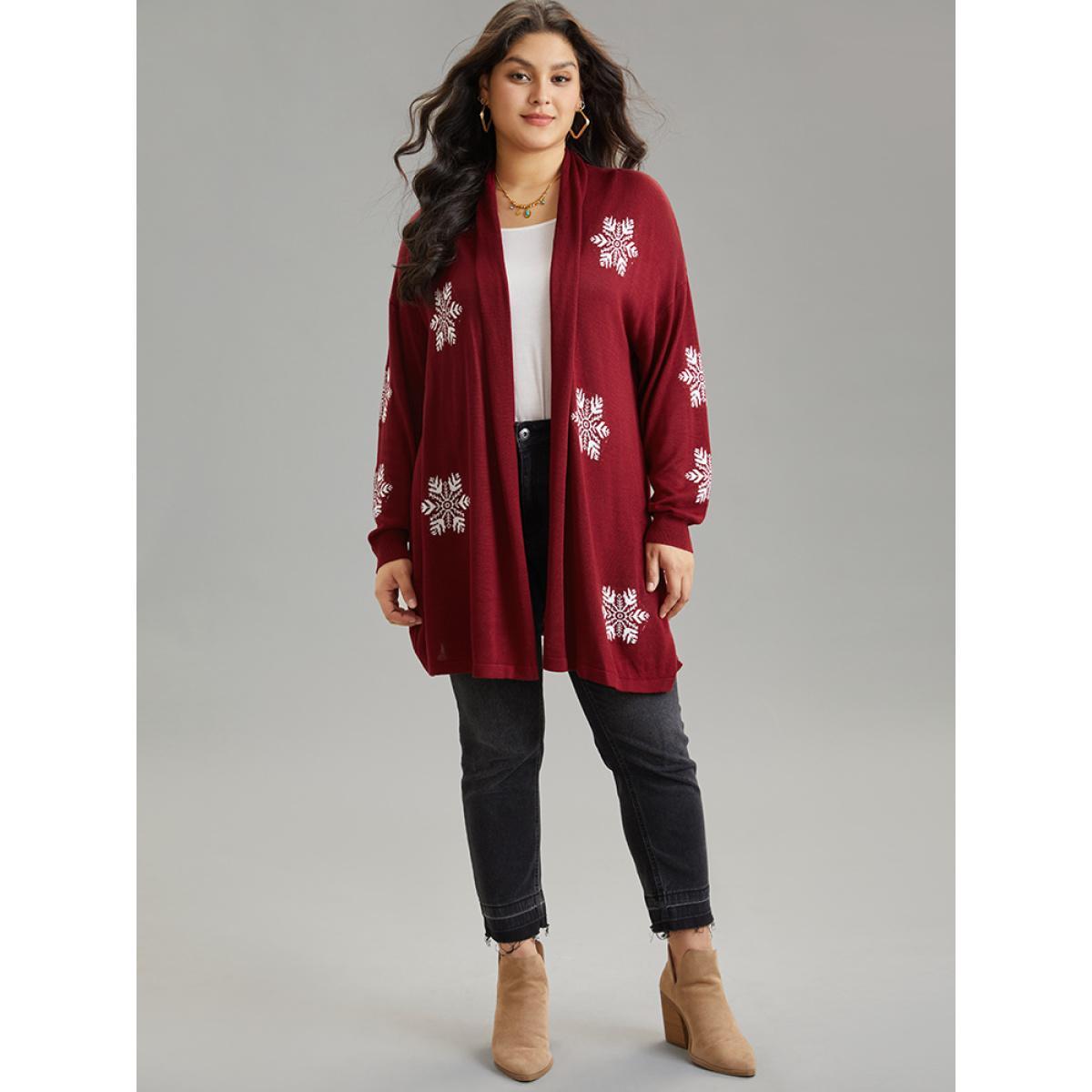 Plus Size Supersoft Essentials Snowflake Lapel Collar Cardigan Scarlet Women Casual Loose Long Sleeve Festival-Christmas Cardigans BloomChic 10/M Product Image