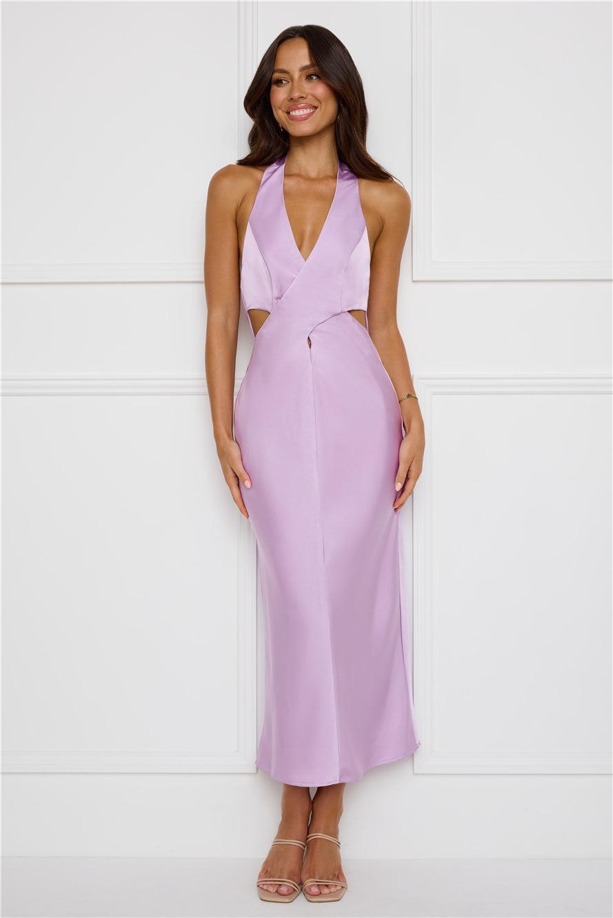 Chic Soirée Satin Halter Midi Dress Lilac Product Image