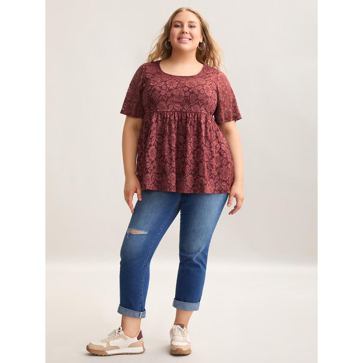 Plus Size Lace Round Neck Babydoll Top Russet Women Casual Gathered Round Neck Bodycon Everyday T-shirts BloomChic 28/5X Product Image