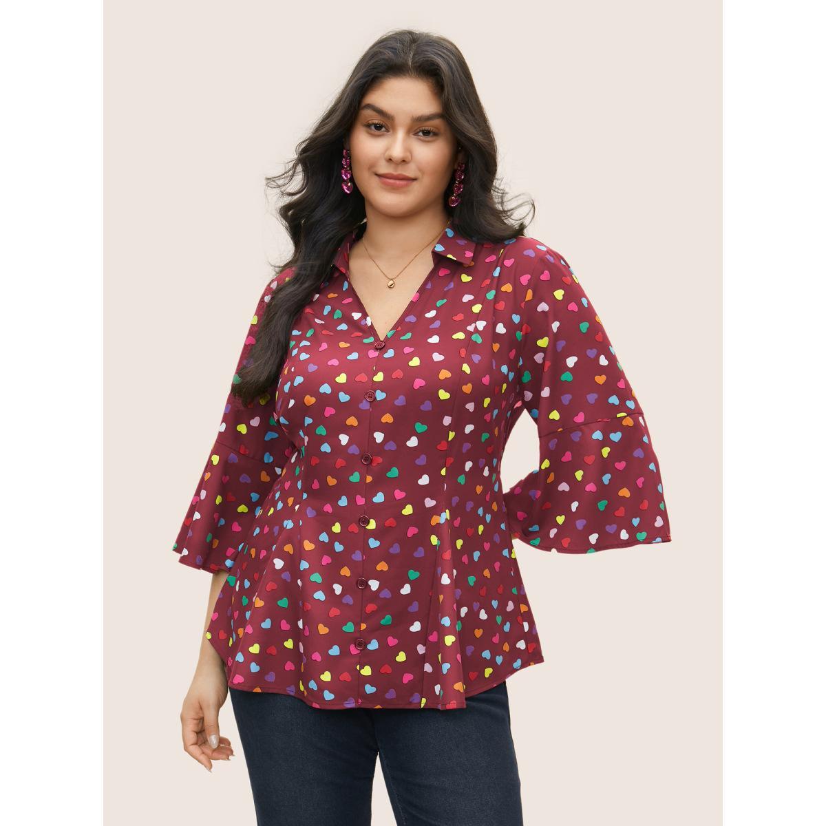 Plus Size Scarlet Colour Heart Print Bell Sleeve Blouse Women Elegant Elbow-length sleeve Shirt collar Everyday Blouses BloomChic 12/L Product Image