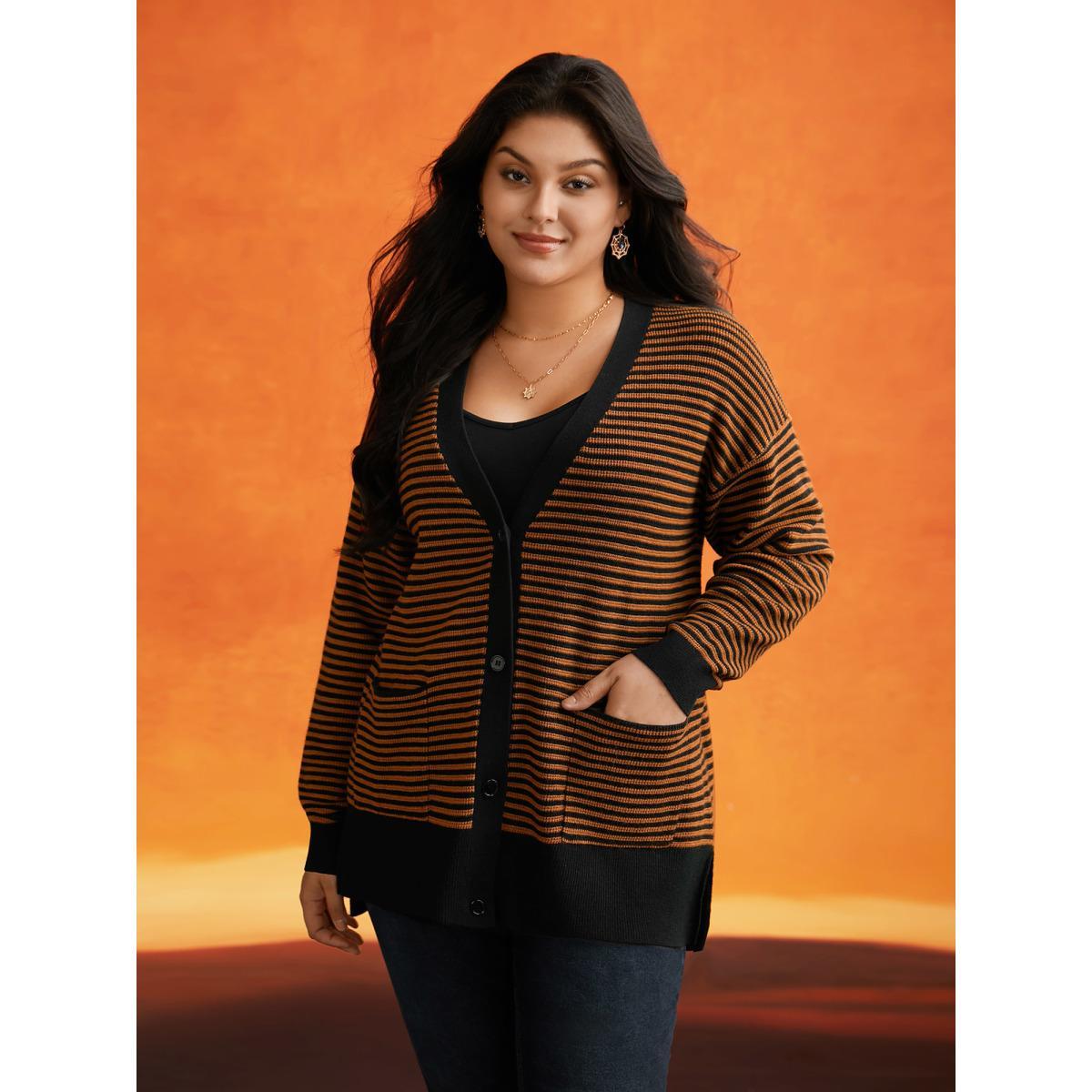 Plus Size Halloween Striped Ribbed Cardigan OrangeRed Women Casual Loose Long Sleeve Everyday Cardigans BloomChic 12/L Product Image