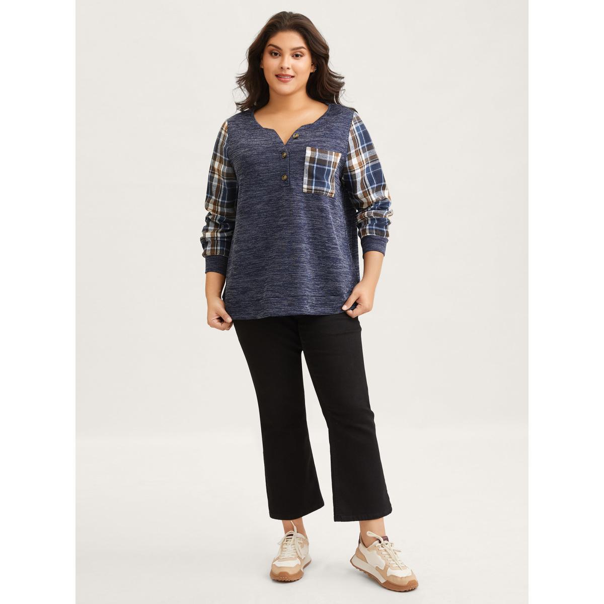 Plus Size Plaid Sleeve Button Up Patchwork Sweatshirt Women Indigo Casual Contrast Notched collar Everyday Sweatshirts BloomChic 14-16/1X Product Image