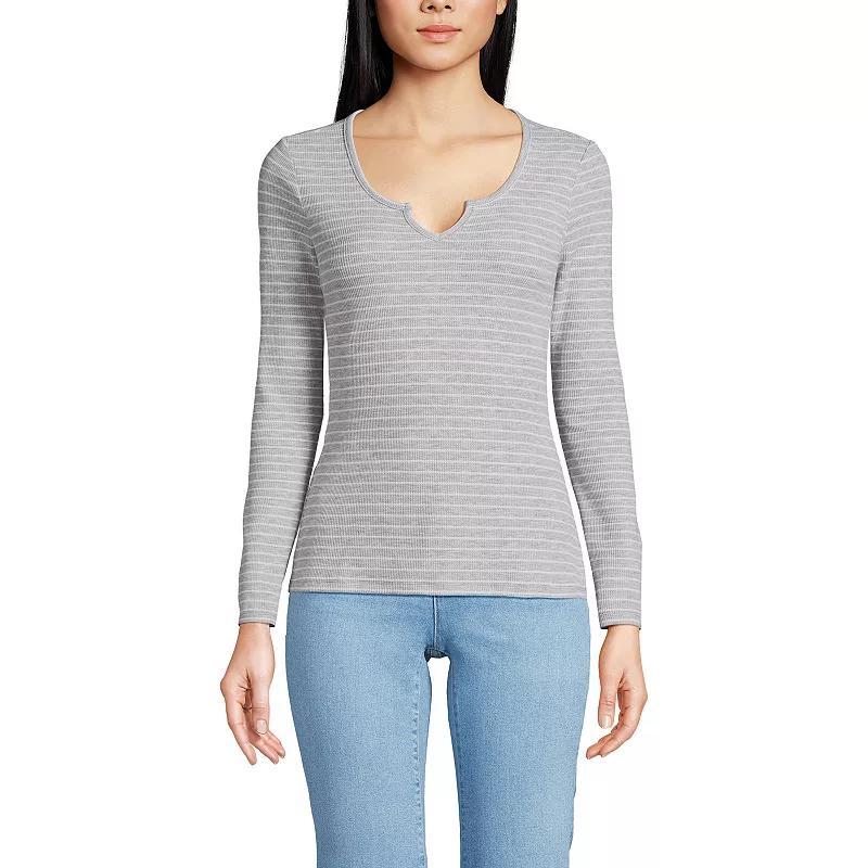 Women's Lands' End Waffle Notch Neck Top, Size: XS, Blue Breton Stripe Product Image
