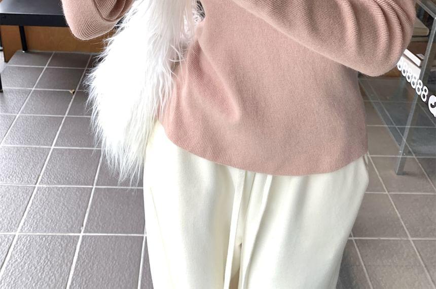 Long-Sleeve Mock Neck Lace Trim Slim Fit Knit Top Product Image