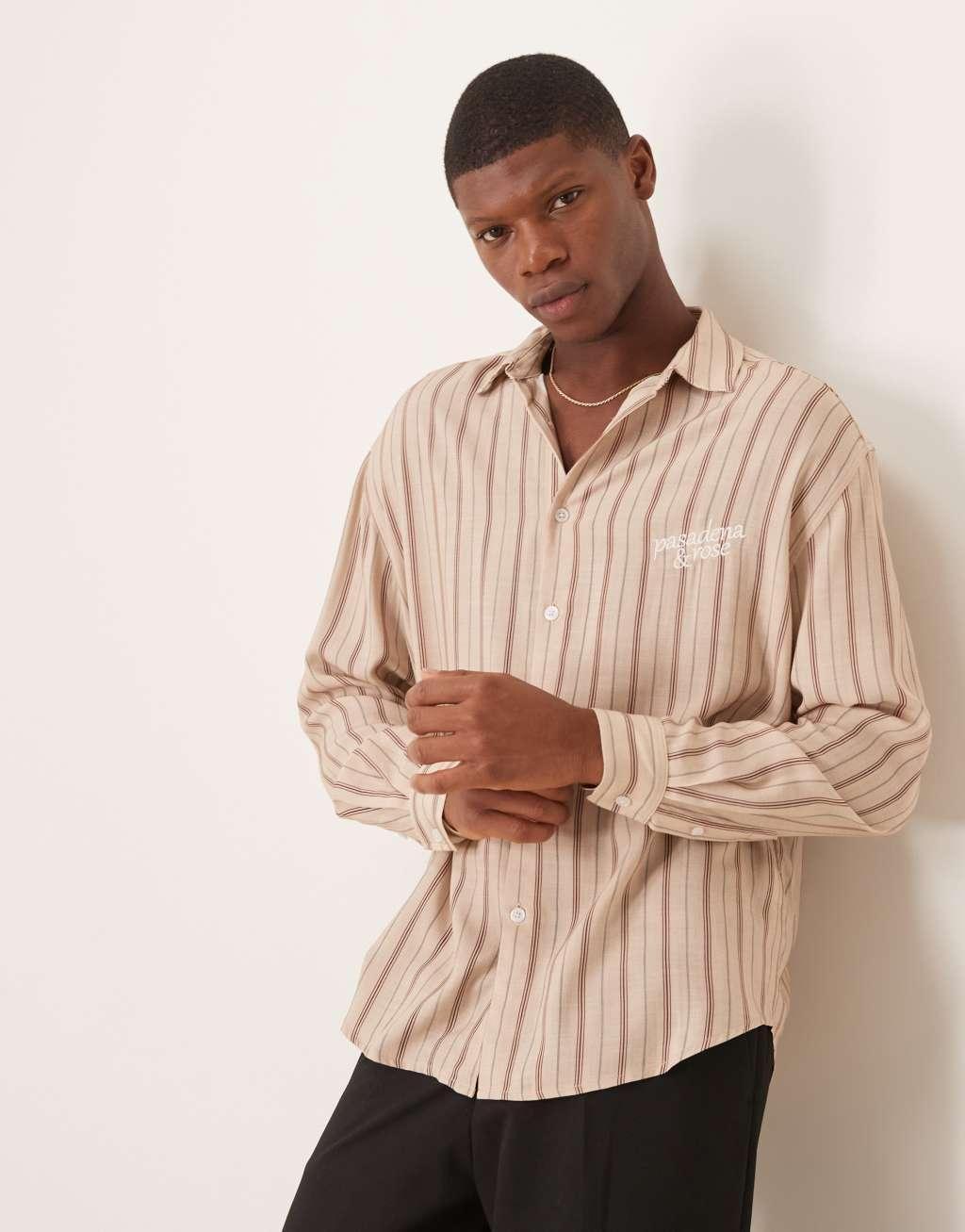 ASOS DESIGN 90s oversized shirt in red stripe with embroidery Product Image