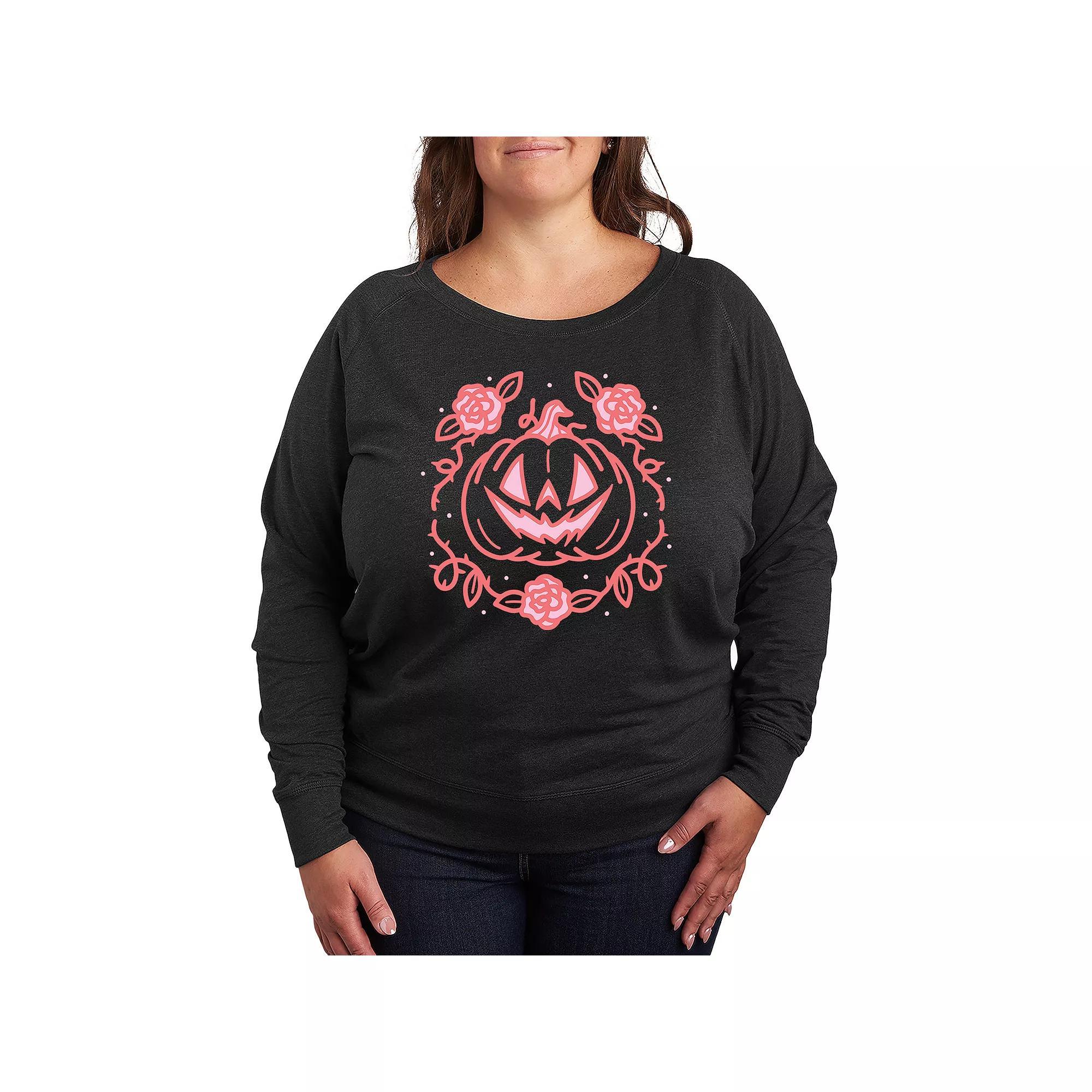 Plus Size Coquette Pumpkin Rose French Terry Long Sleeve Tee, Womens Heather Grey Product Image